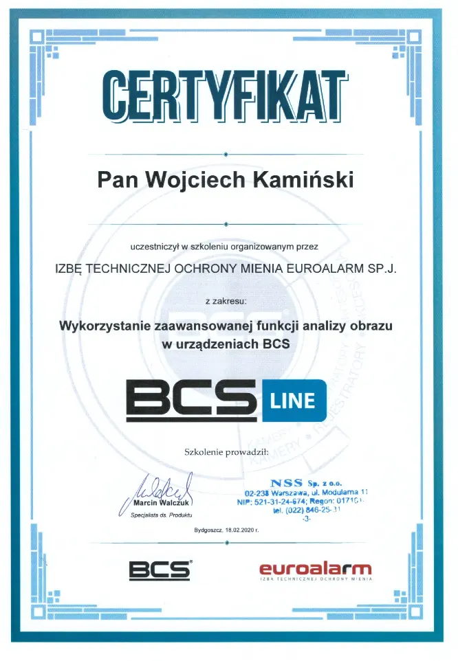 Certyfikat szkoleniowy BCS Line – Insta Guards