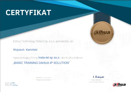 Certyfikat szkoleniowy Dahua – Insta Guards