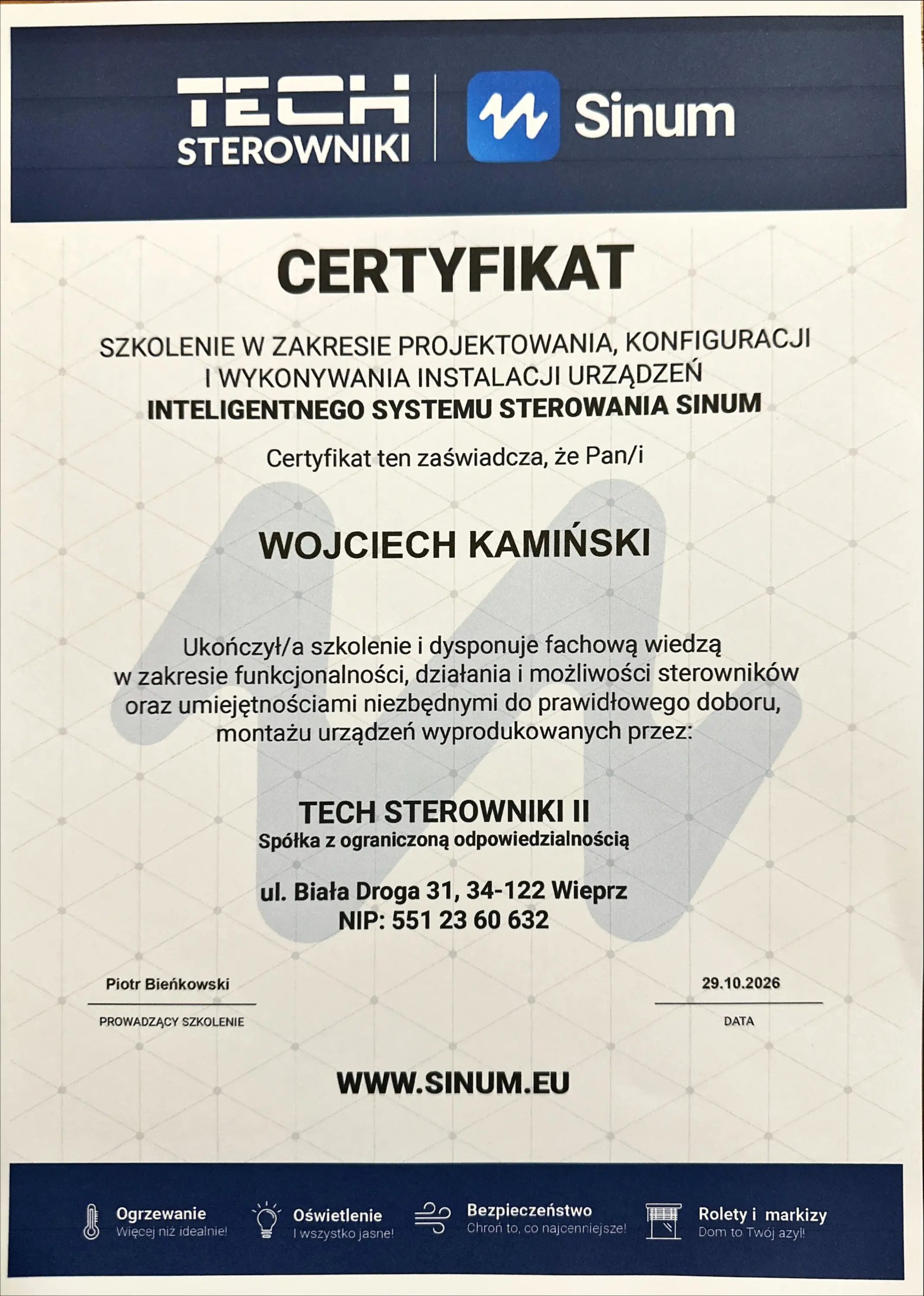 Certyfikat szkoleniowy Sinum – Insta Guards