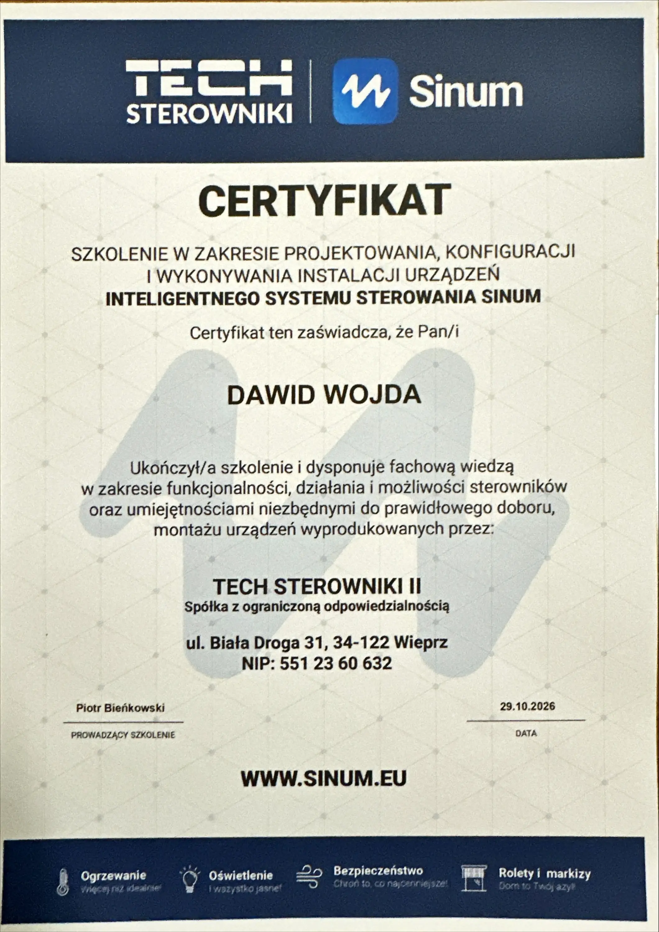Certyfikat szkoleniowy Sinum – Insta Guards