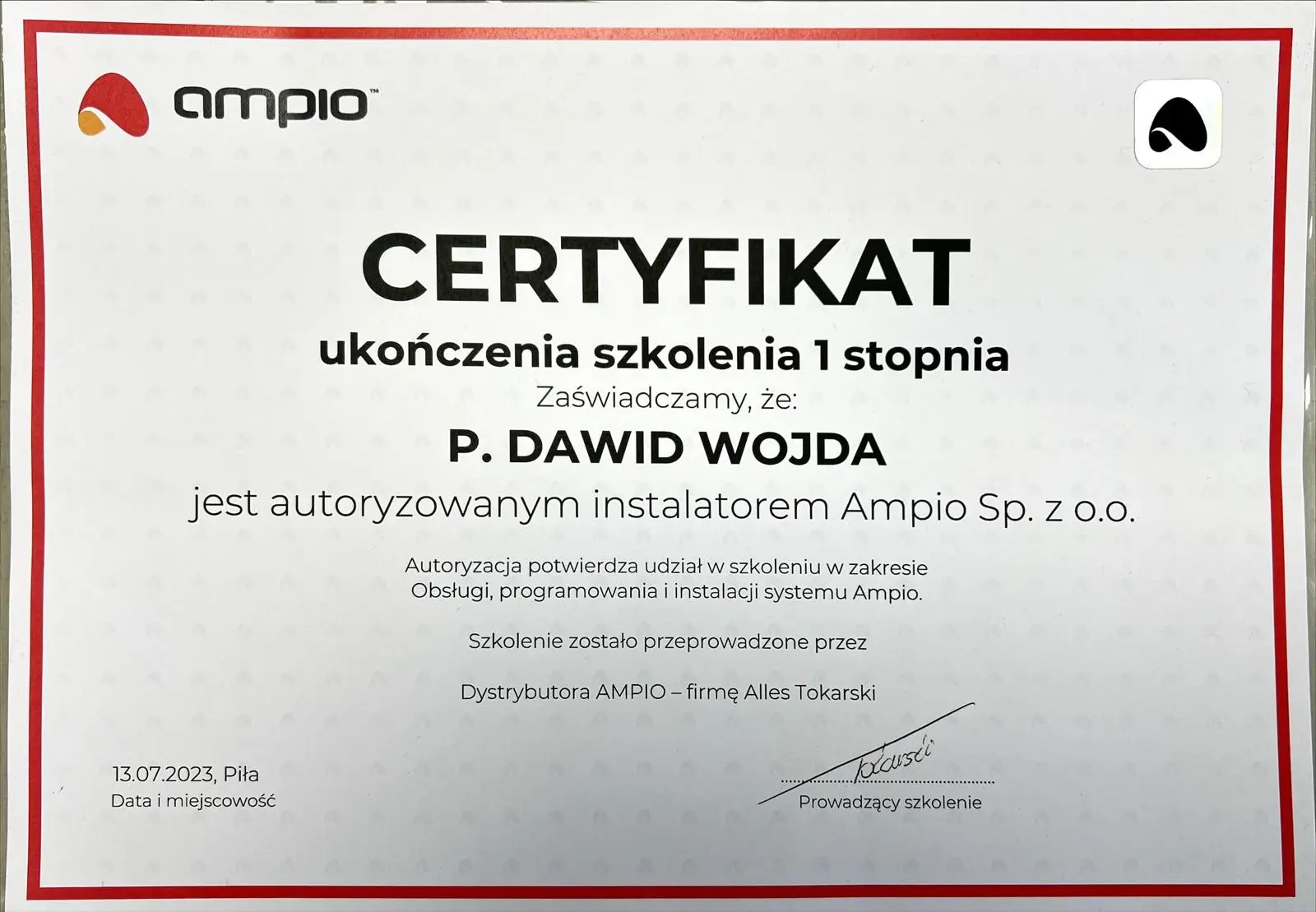 Certyfikat szkoleniowy Ampio – Insta Guards