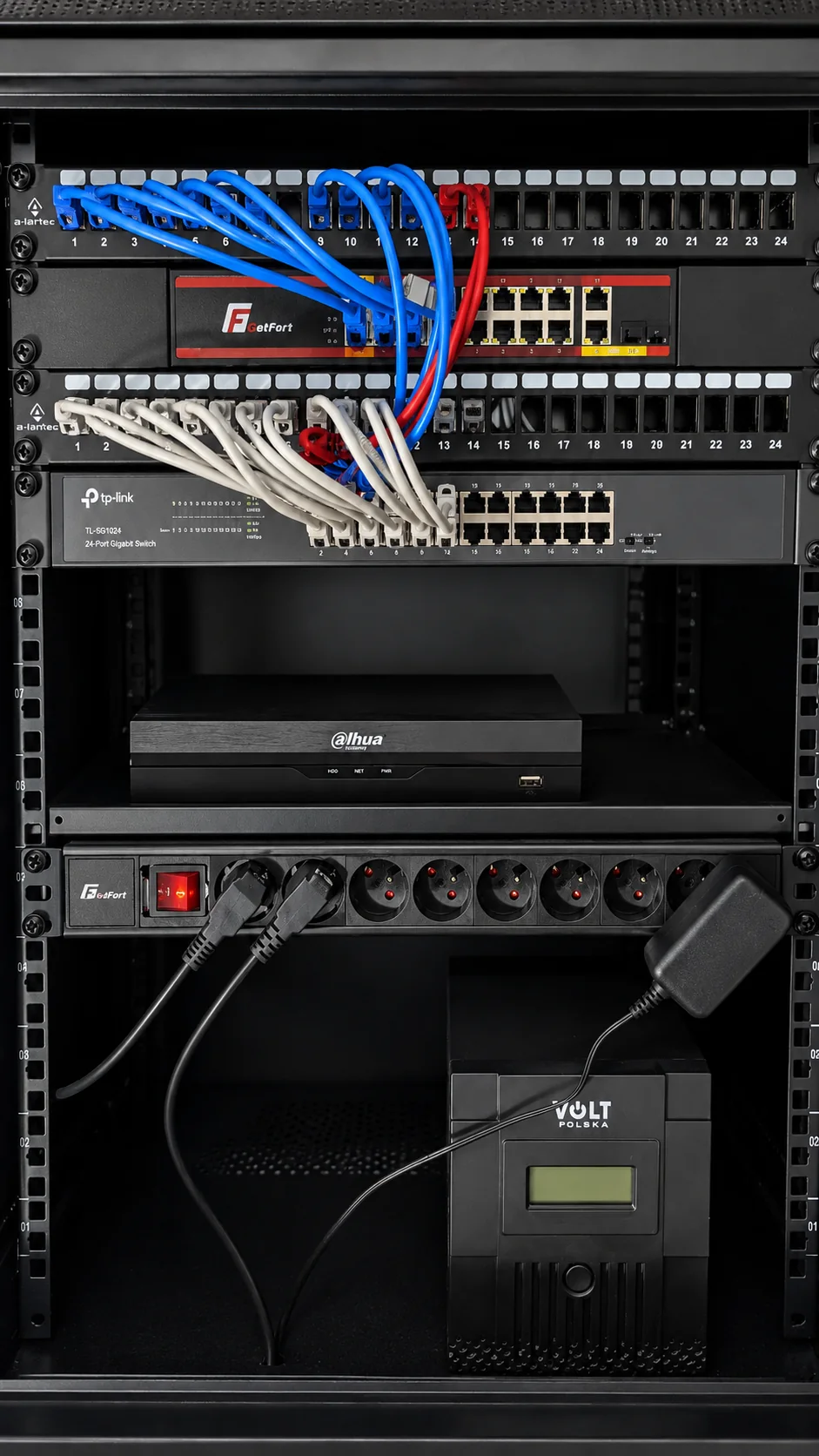 Szafa RACK z rejestratorem Hikvision i UPS wykonana przez Insta Guards