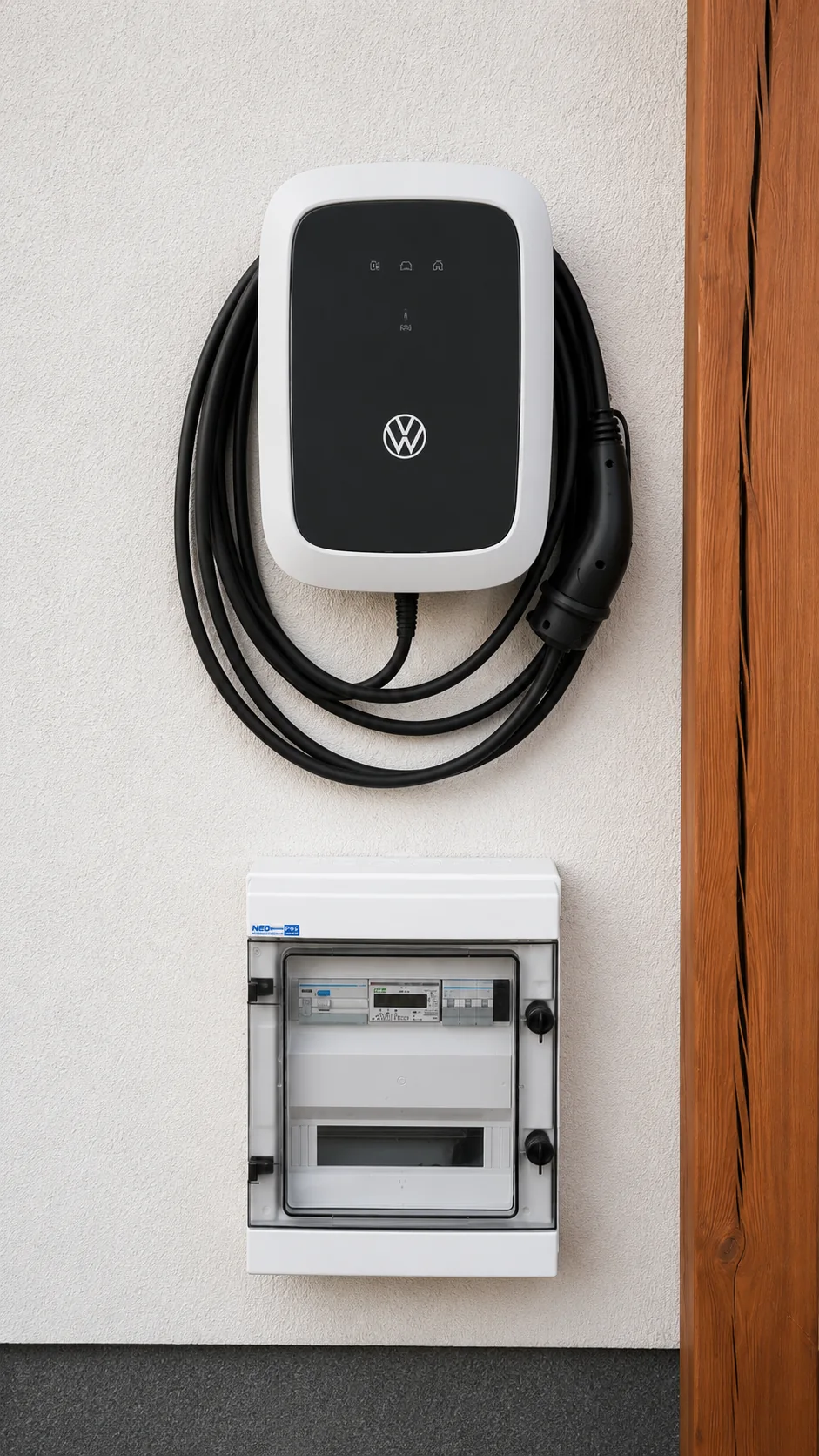 Wallbox Volkswagen i rozdzielnica zasilająca przy instalacji elektrycznej
